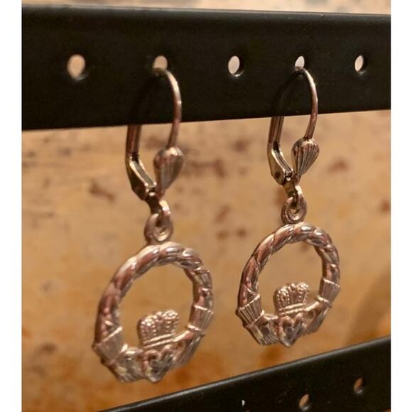 Sterling Silver Claddagh Earrings Made In Ireland - Picture 3 of 5
